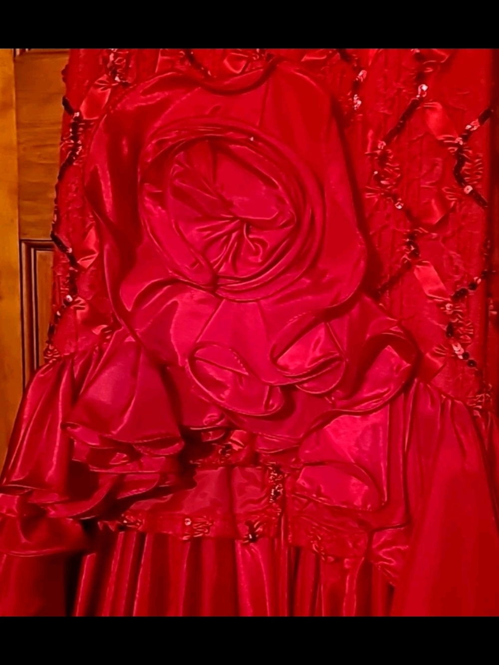 Red Ruffled Floral Appliqué Evening Gown By Dave & Johnny Size 7-8 - Picture 6 of 11